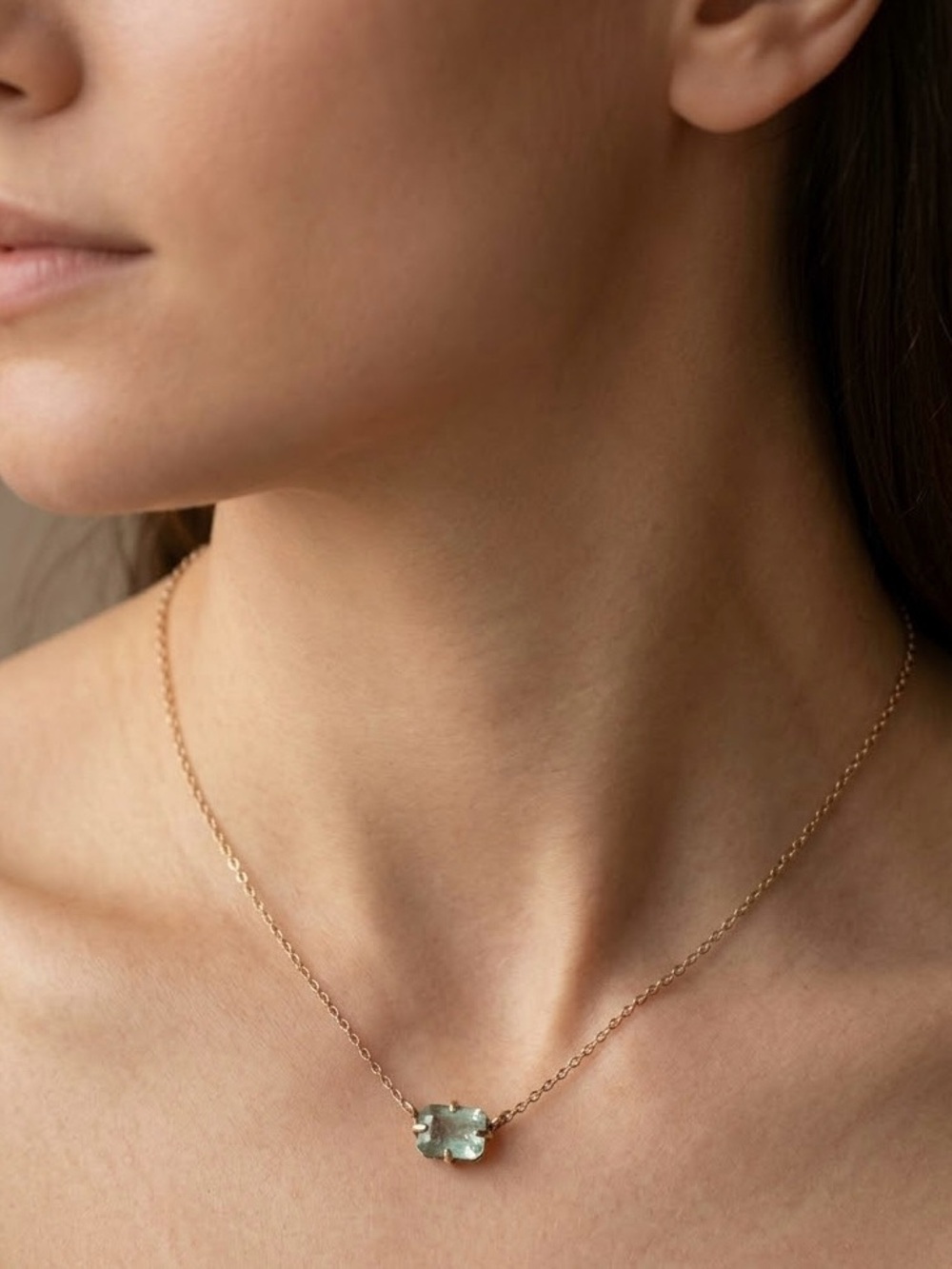 Emerald-Cut Seafoam Green Stone Necklace â Delicate Gold Chain